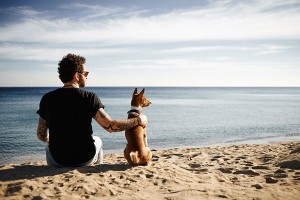 Mann und Hund am Meer
